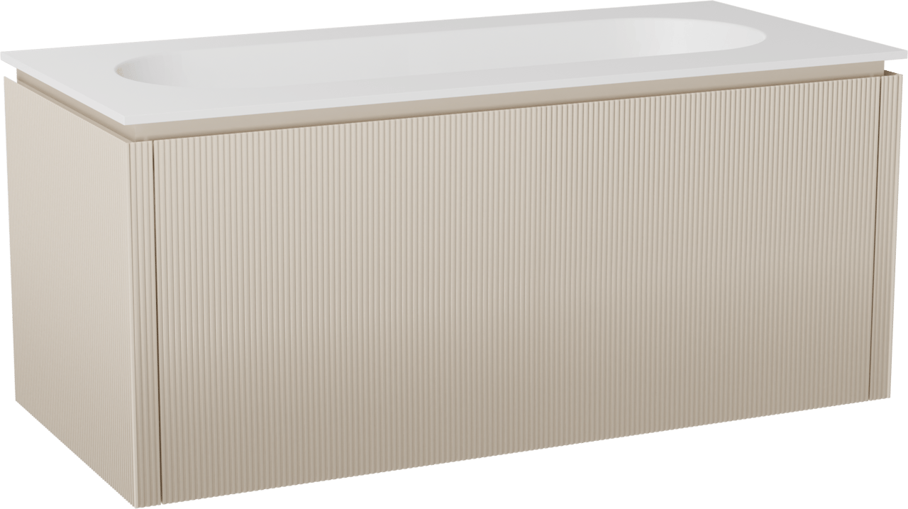 Balmani Eclips meuble salle de bains suspendu 120 x 55 cm Sandbeige avec Tablo Oval plan simple pour 2 trous de robinet en Solid Surface blanc mat, Nervure droite symétrique verticale