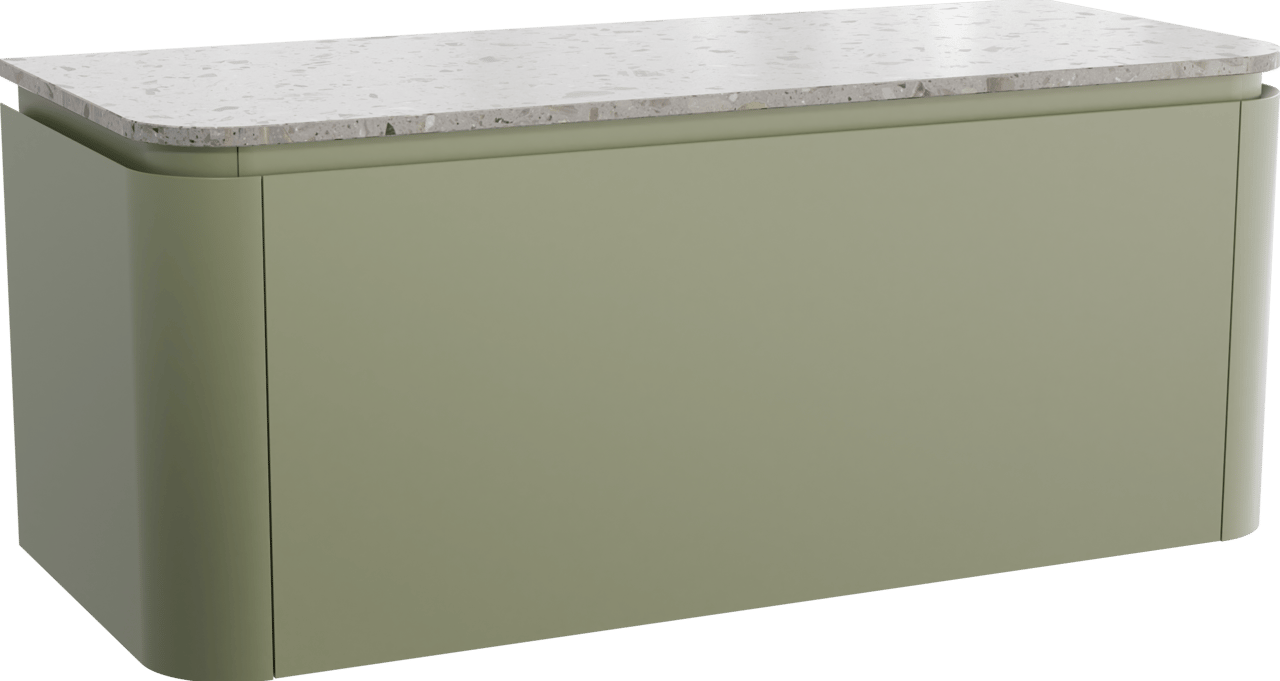 Balmani Moon zwevend badmeubel 130 x 55 cm saliegroen met Moon enkel of dubbel wastafelblad in terrazzo greige terrazzo