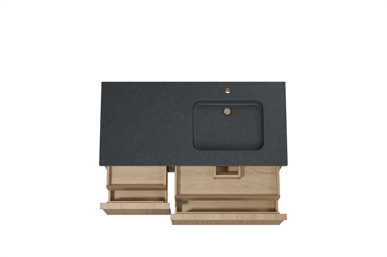 Balmani Forma zwevend badmeubel 120 x 55 cm naturel eiken met Napoli asymmetrisch rechtse wastafel in zwart graniet, Verticale symmetrische rechte ribbel