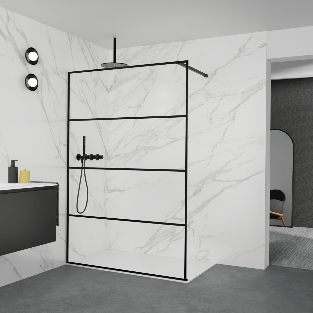 Balmani Modular Walk-In Dusche: 140 x 200 cm, Lined, Profil Schwarz matt