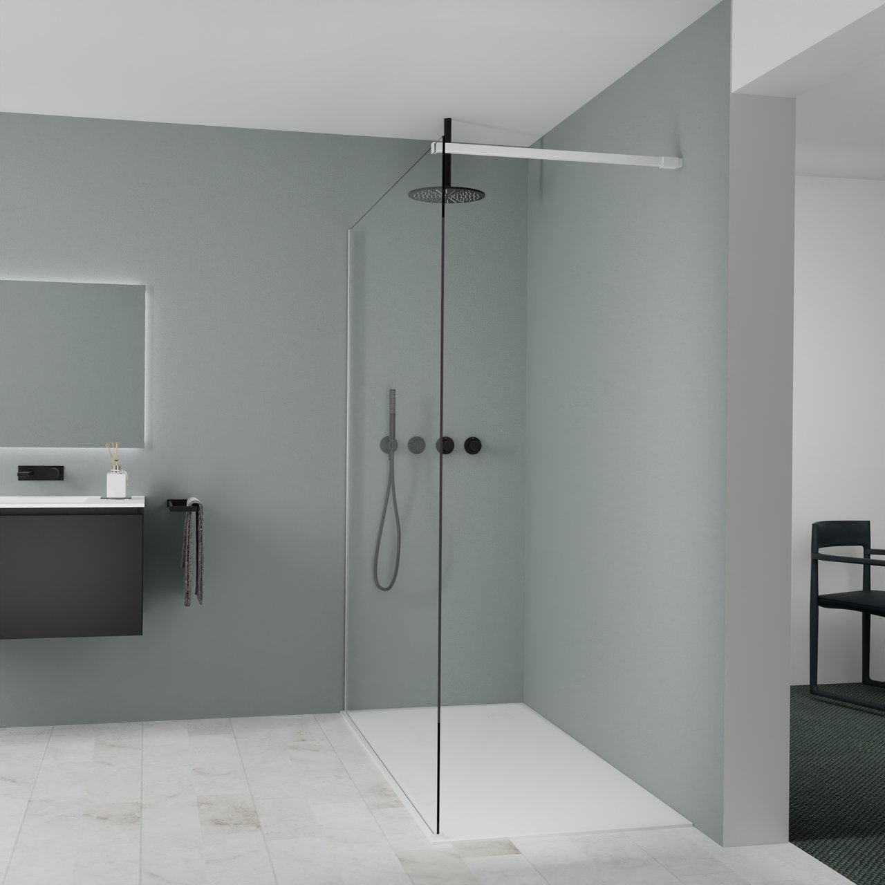 Balmani Modular Walk-In Dusche: 170 x 200 cm, Klarglas, inklusive Coating, Profil Weiß matt