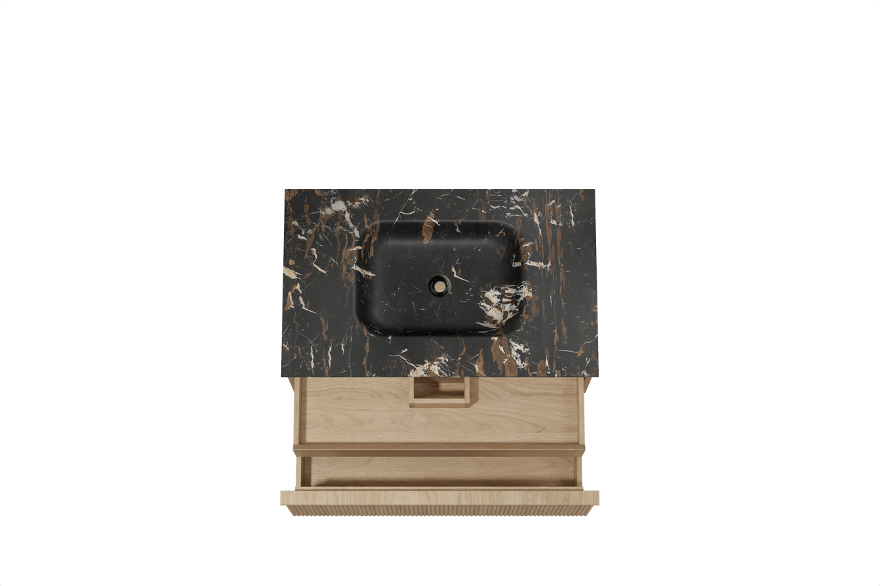 Balmani Forma hängendes Möbelstück Set: 90 x 55 cm, Naturbelassene Eiche, mit Tablo Arcato Einzelwaschtisch, Marmor, Portoro Gold, Vertikale symmetrische gerade Rippe