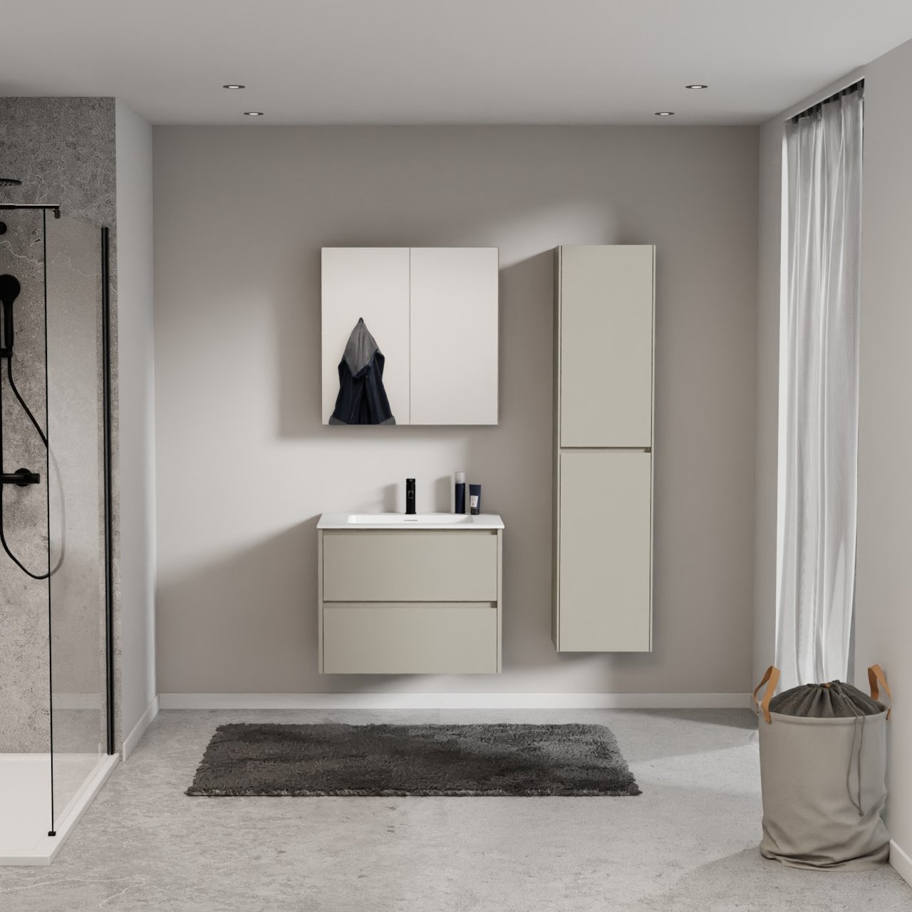 Storke Seda meuble salle de bains suspendu 75 x 52 cm soie grise avec Mata plan simple en solid surface blanc mat