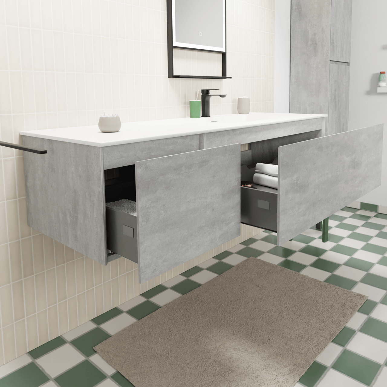 Storke Edge meuble salle de bains suspendu 150 x 52 cm béton gris foncé avec Mata plan vasque asymétrique à droite en solid surface blanc mat