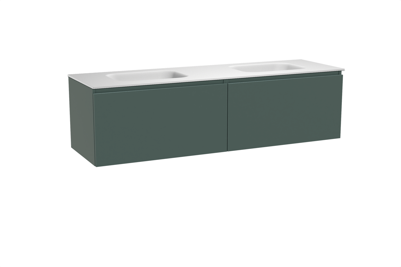 Balmani Sfera zwevend badkamermeubel 180 x 55 cm forest met Tablo Arcato dubbele wastafel in solid surface mat wit