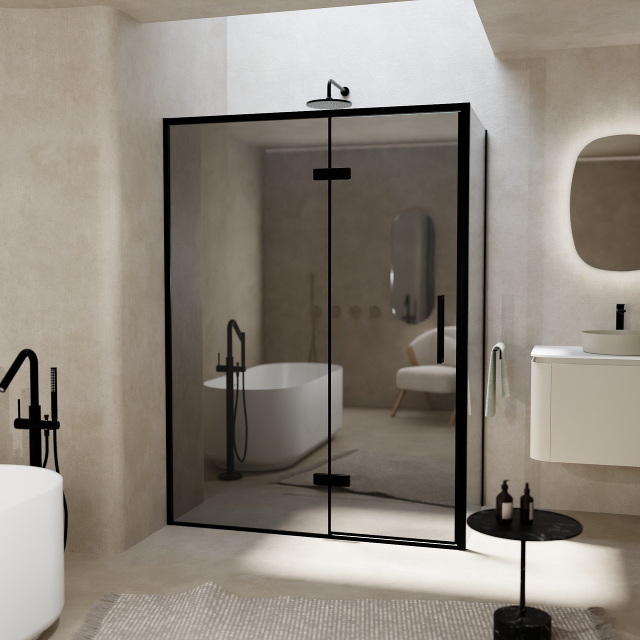 Balmani Senses Design douchehoek met linkse draaideur en vaste zijwand, 140 x 100 cm, Reflex spiegelglas, Zwarte profielen, met coating