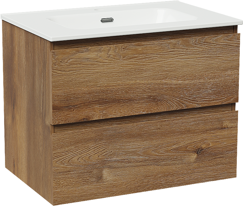Linie Lado hängendes Möbelstück Set: 70 x 46 cm, Braune Eiche, mit Baro Einzelwaschtisch, Porzellan Weiß glänzend