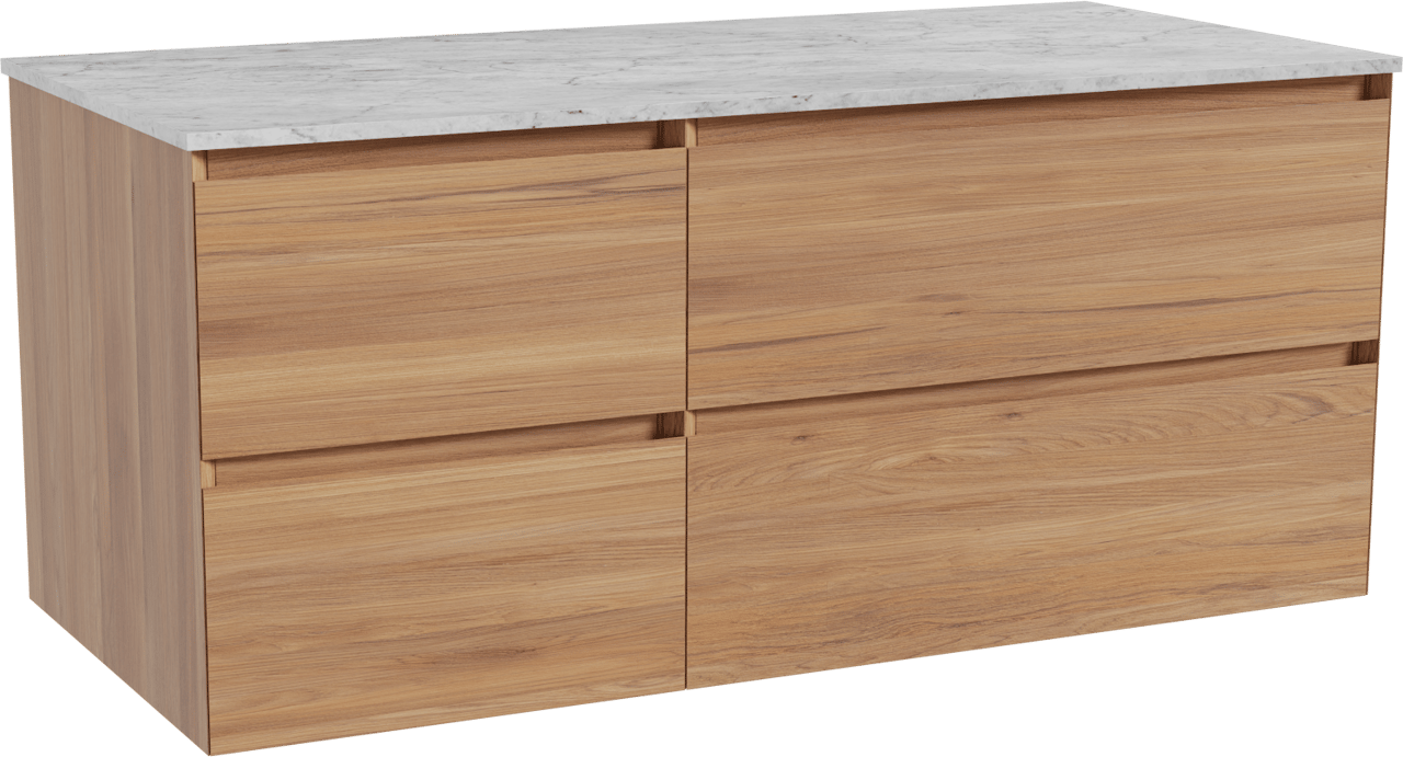 Balmani Mitra zwevend badkamermeubel 120 x 55 cm teak met Stretto enkel of dubbel tablet in marmer carrara