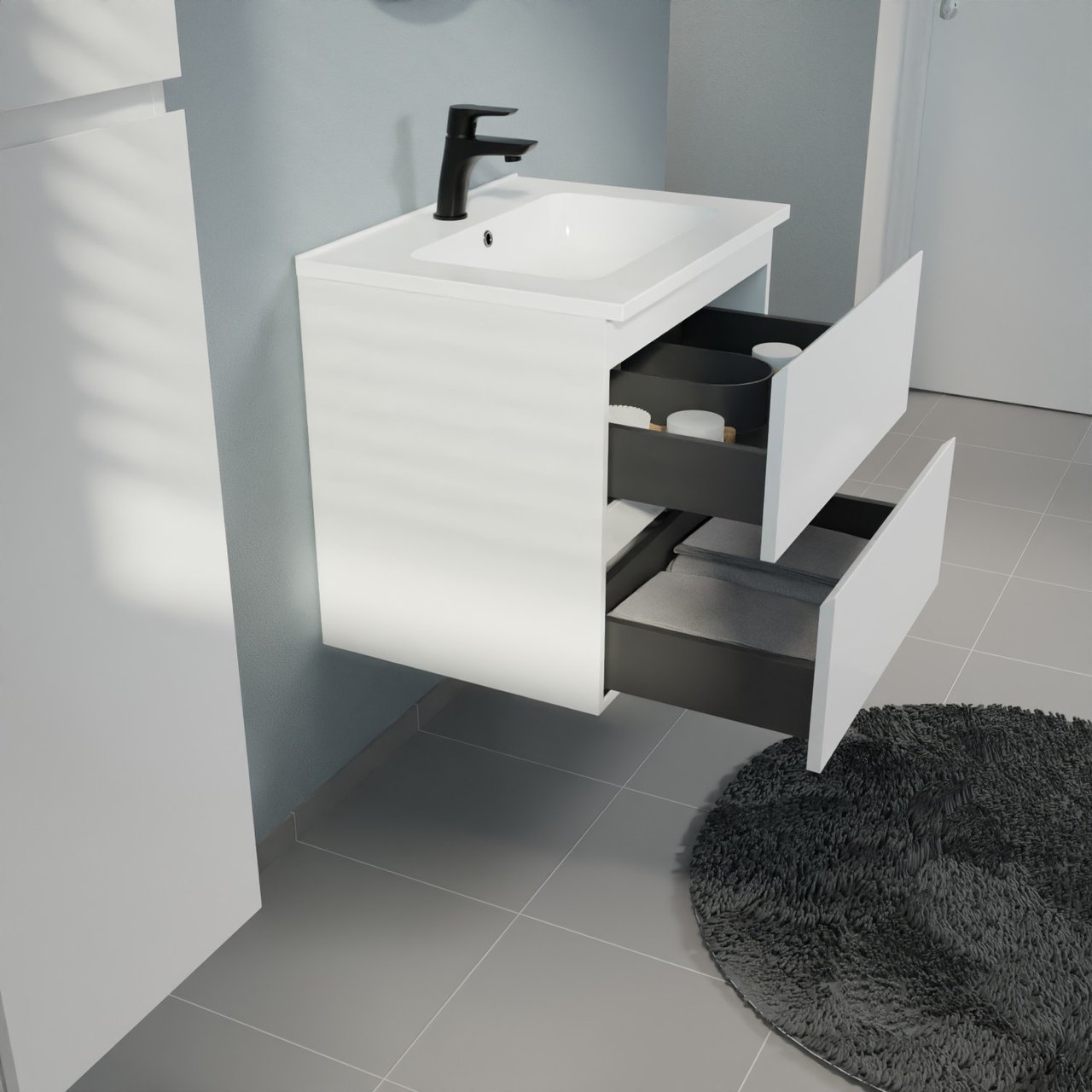 Linie Lado meuble salle de bains suspendu 60 x 46 cm blanc mat avec Vano plan simple en marbre composite blanc brillant