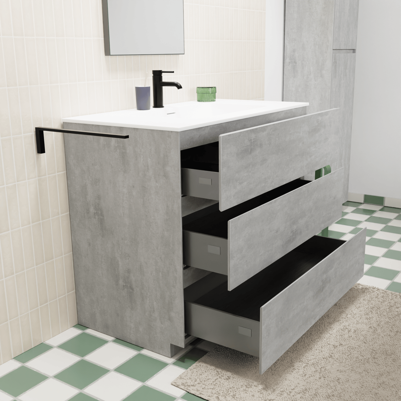 Storke Edge freistehendes Möbelstück Set: 95 x 52 cm, Beton dunkelgrau, mit Mata Einzelwaschtisch, Solid Surface Weiß matt