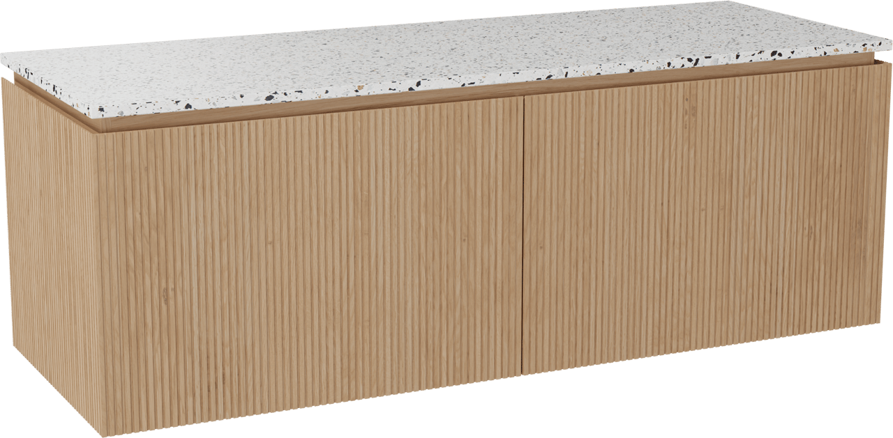 Balmani Eclips hängendes Möbelstück Set: 150 x 55 cm, Eiche Natur, mit Stretto Einzel- oder Doppel Waschtischplatte Bianco Nero Terrazzo, Vertikale symmetrische gerade Rippe