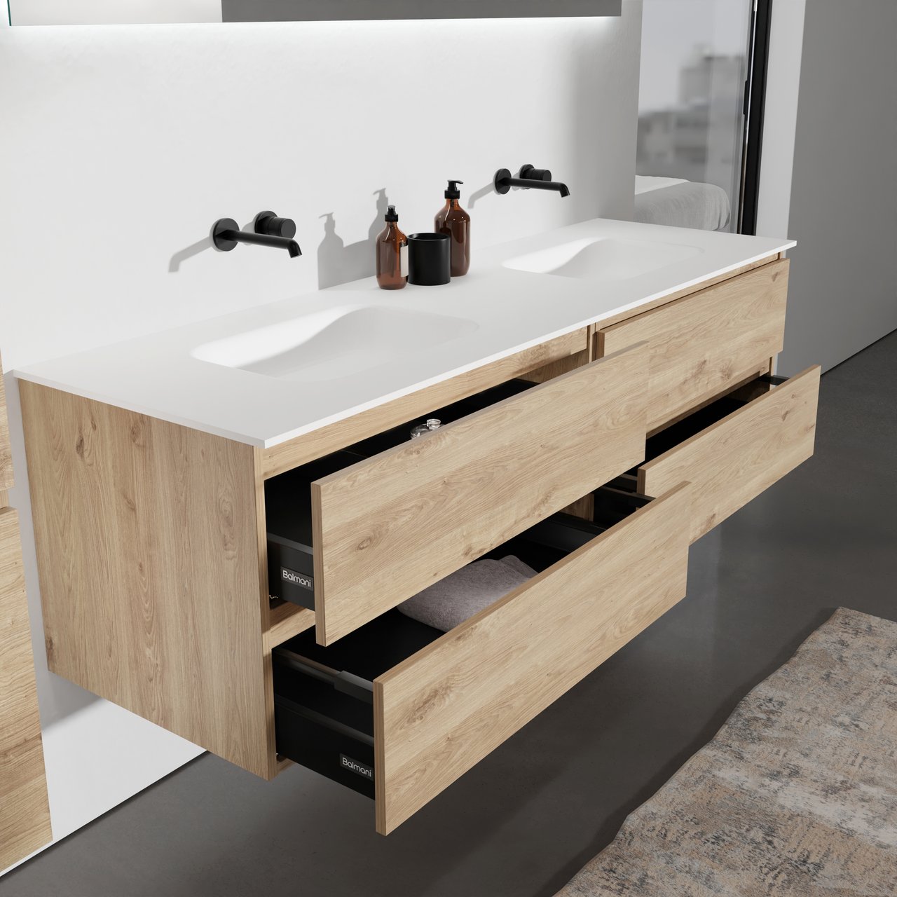 Balmani Lucida zwevend badmeubel 180 x 55 cm ruw eiken met Tablo Arcato dubbele wastafel in solid surface mat wit