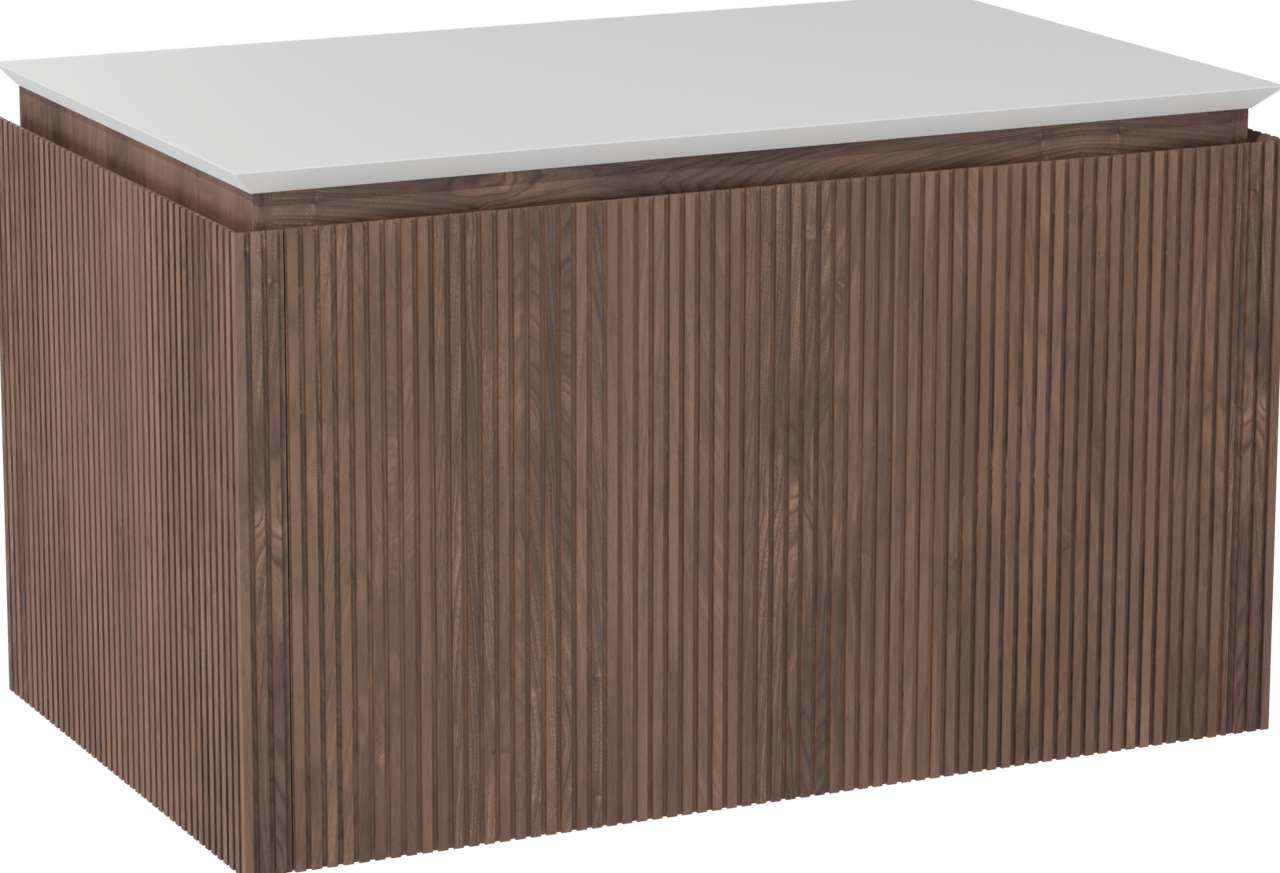 Balmani Eclips zwevend badkamermeubel 90 x 55 cm Amerikaanse notelaar met Eclips enkel tablet in Solid Surface mat wit, Verticale symmetrische rechte ribbel