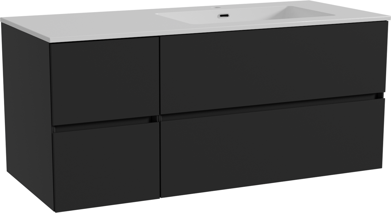 Storke Edge hängendes Möbelstück Set: 120 x 52 cm, Schwarz matt, mit Diva Waschtisch rechts, Marmorkomposit Weiß glänzend