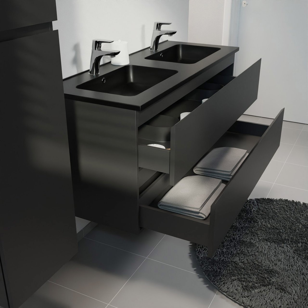 Linie Lado meuble salle de bains suspendu 120 x 46 cm noir mat avec Vano double vasque en marbre composite noir mat