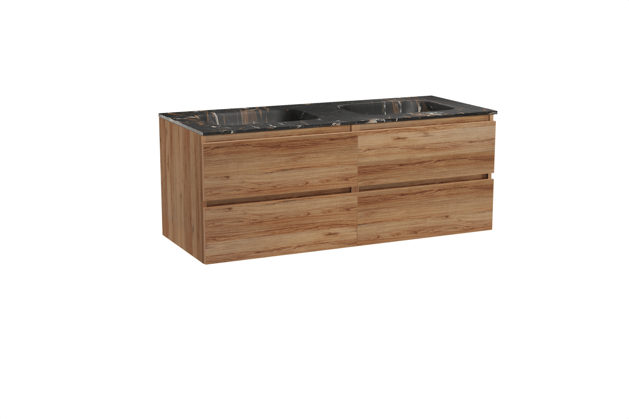 Balmani Lucida zwevend badkamermeubel 135 x 55 cm teak met Tablo Arcato dubbele wastafel in marmer portoro gold