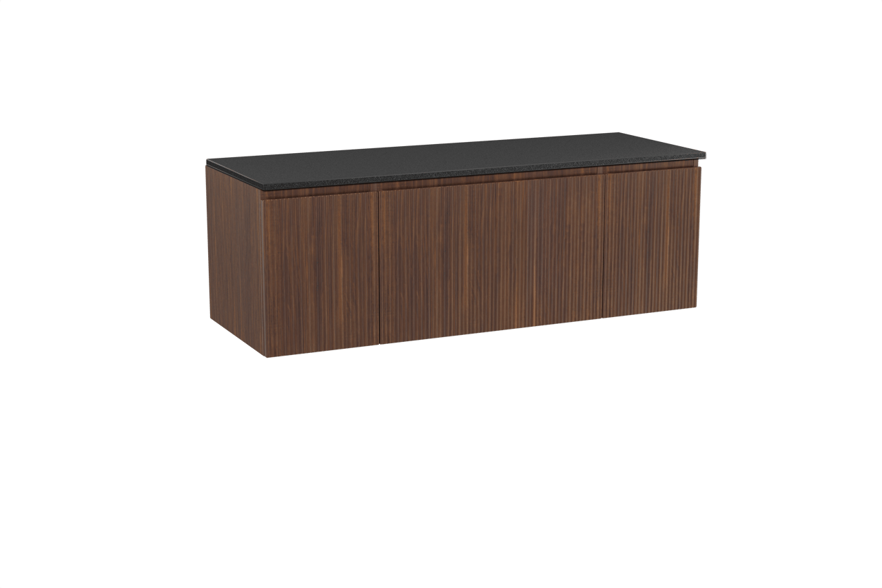 Storke Ribs zwevend badkamermeubel 145 x 52 cm notelaar met Panton enkel of dubbel tablet in gepoedercoate mdf mat zwart, Verticale symmetrische rechte ribbel