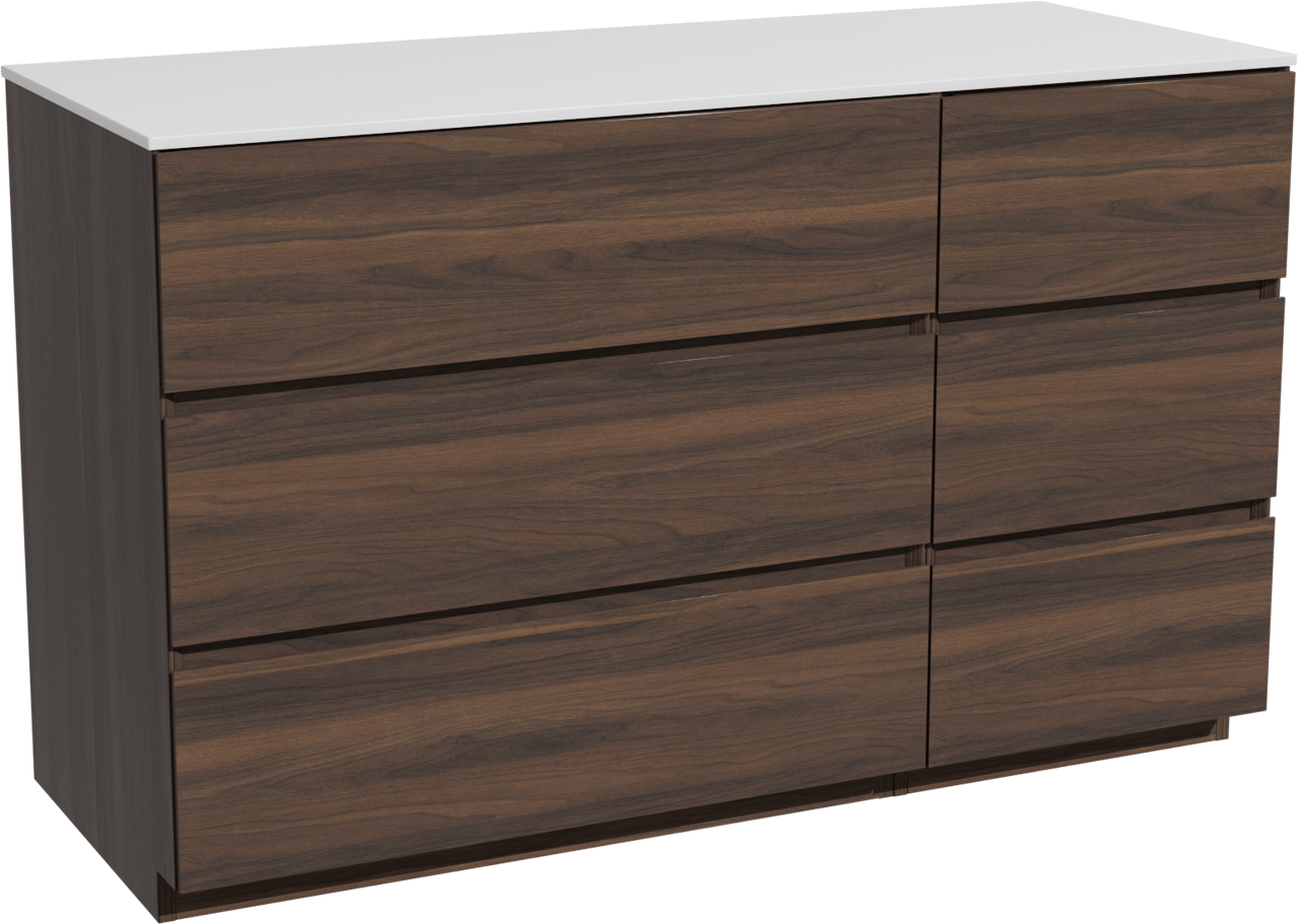 Storke Edge freistehendes Möbelstück Set: 130 x 52 cm, Nussbaum, mit Tavola Einzel- oder Doppel Waschtischplatte, Solid Surface Weiß matt