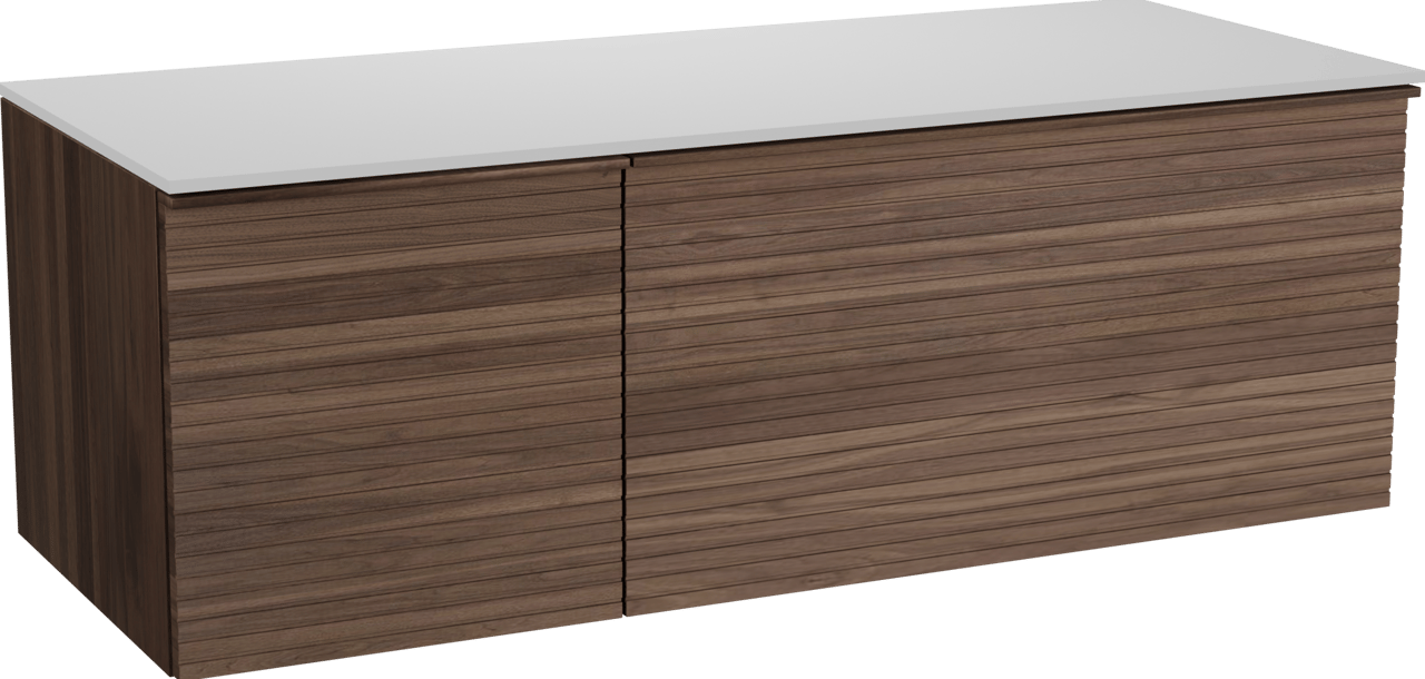 Balmani Forma zwevend badmeubel 135 x 55 cm amerikaans notenhout met Stretto enkel of dubbel wastafelblad in solid surface mat wit, Horizontale symmetrische rechte ribbel