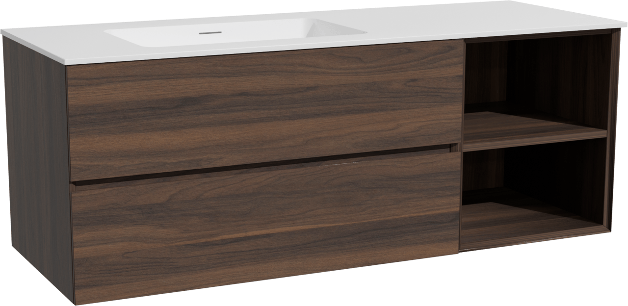 Storke Edge hängendes Möbelstück Set: 140 x 52 cm, Nussbaum, mit Mata Waschtisch links, Solid Surface Weiß matt