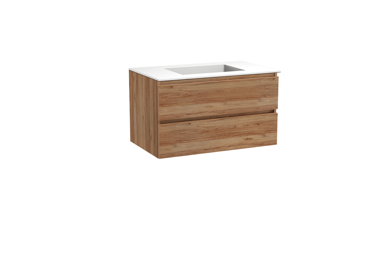 Balmani Lucida hängendes Möbelstück Set: 90 x 55 cm, Teak, mit Tablo Stretto Einzelwaschtisch, Solid Surface Weiß matt