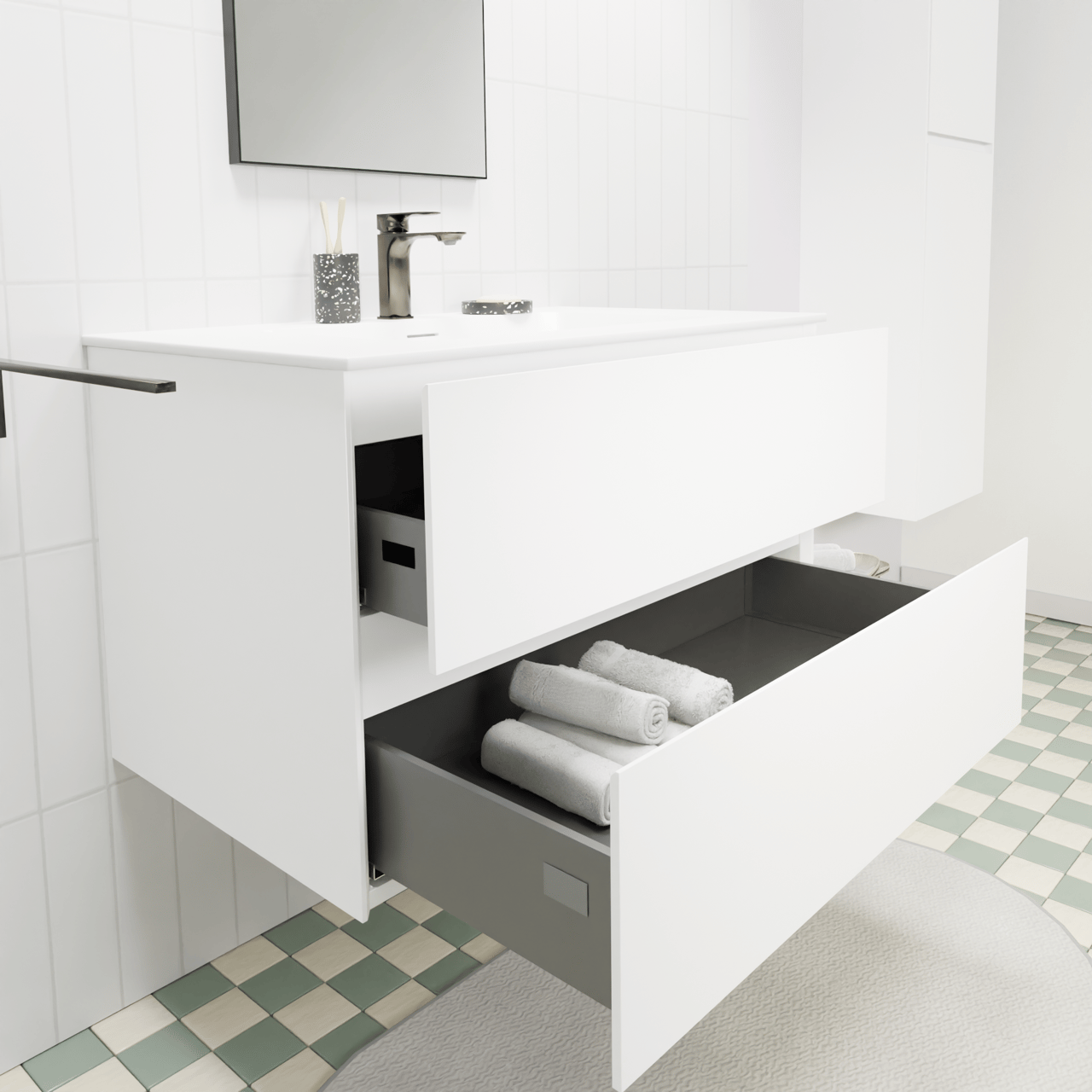 Storke Edge meuble salle de bains suspendu 85 x 52 cm blanc mat avec Mata plan simple en solid surface blanc mat