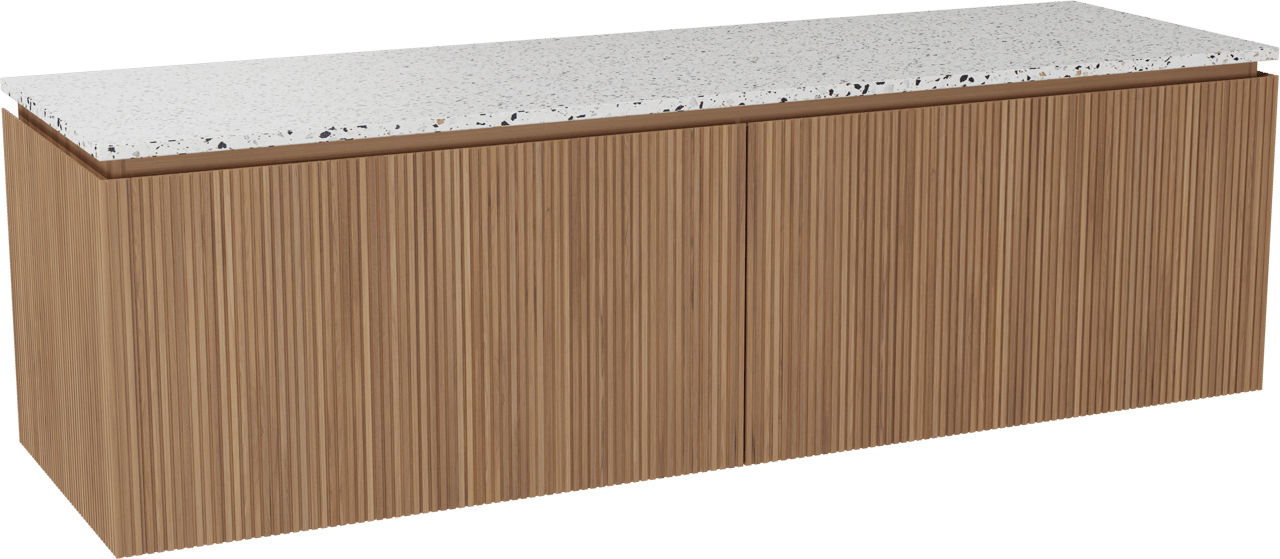 Balmani Eclips hängendes Möbelstück Set: 180 x 55 cm, Teak, mit Stretto Einzel- oder Doppel Waschtischplatte Bianco Nero Terrazzo, Vertikale symmetrische gerade Rippe