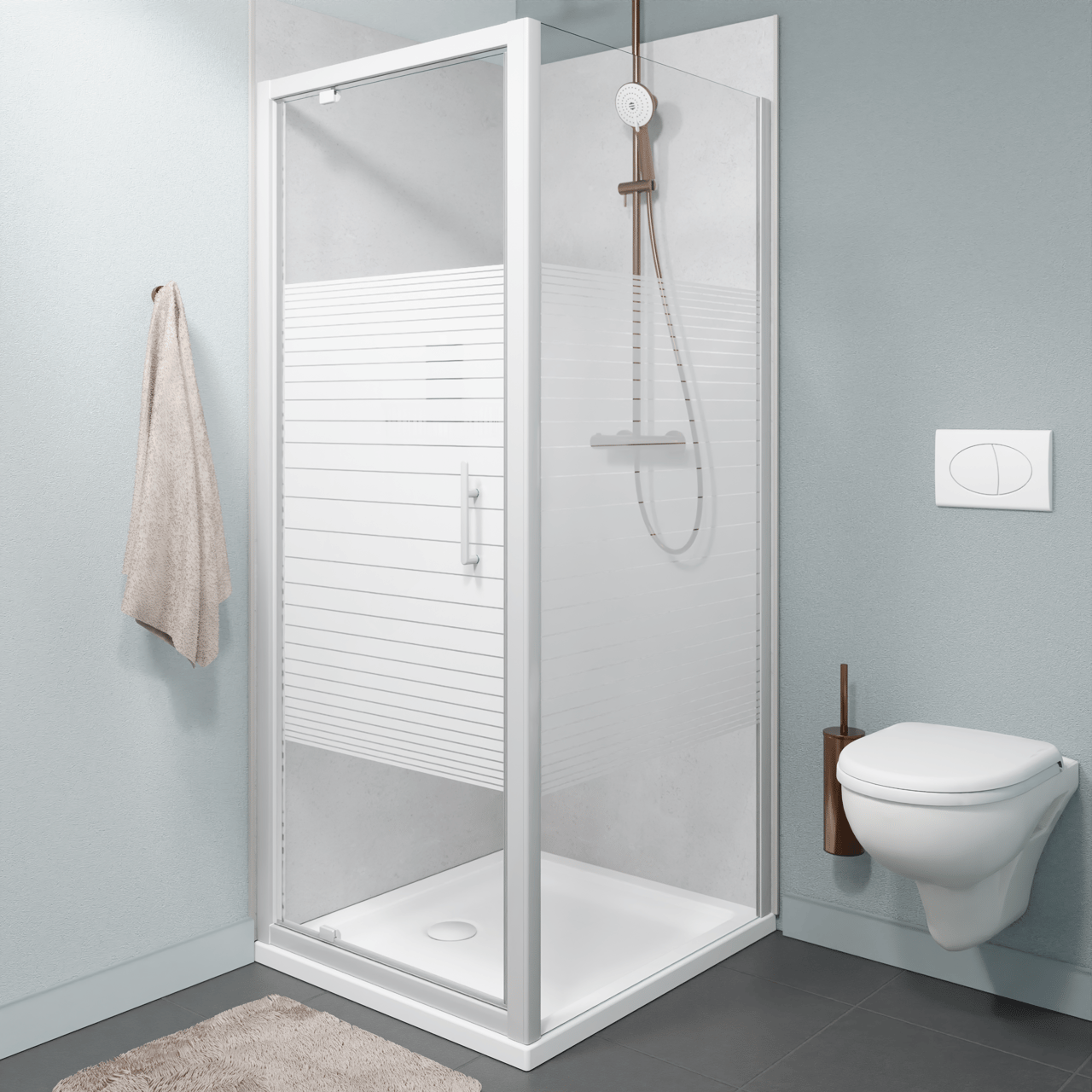 SanyOne Anton douchehoek met draaideur en vaste zijwand, 80 x 90 cm, gestreept glas, witte profielen