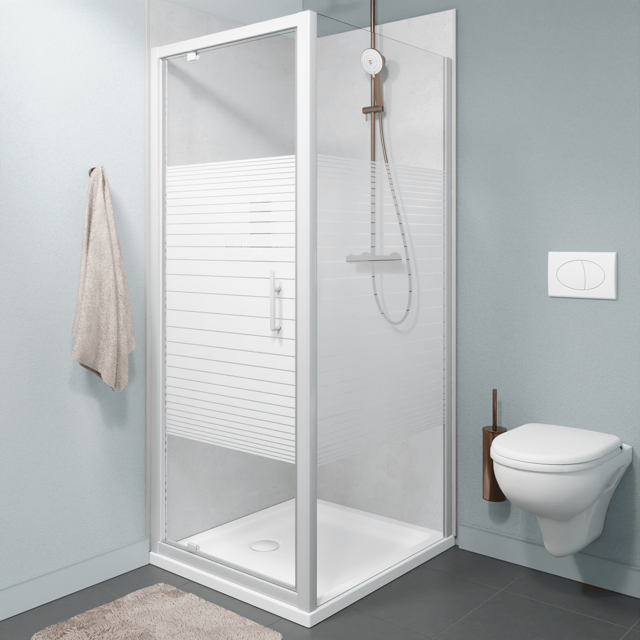 SanyOne Anton douchehoek met draaideur en vaste zijwand, 80 x 90 cm, gestreept glas, witte profielen