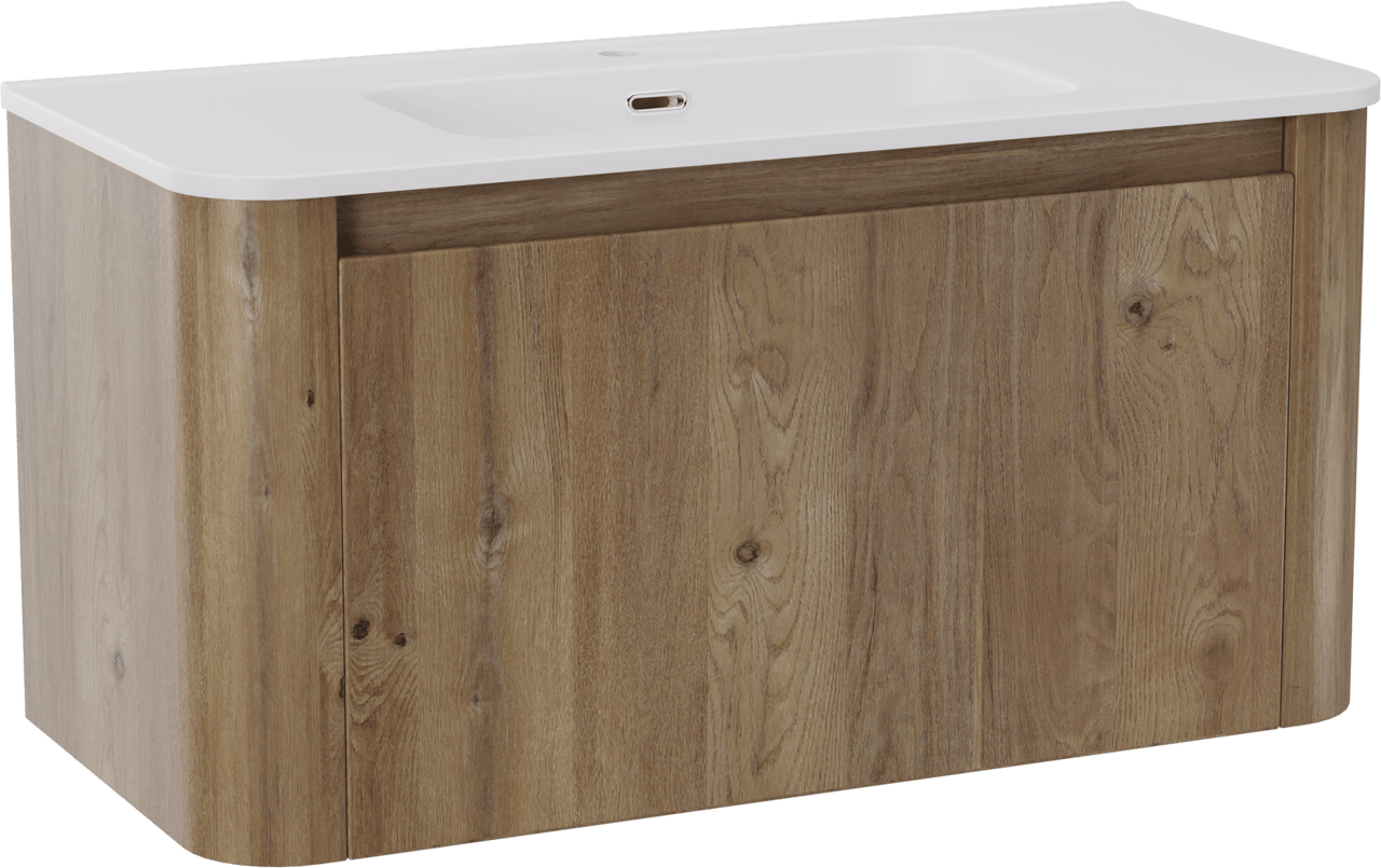 Storke Soft zwevend badkamermeubel 100 x 46 cm ruwe eik met Kera Soft enkele wastafel in porselein mat wit