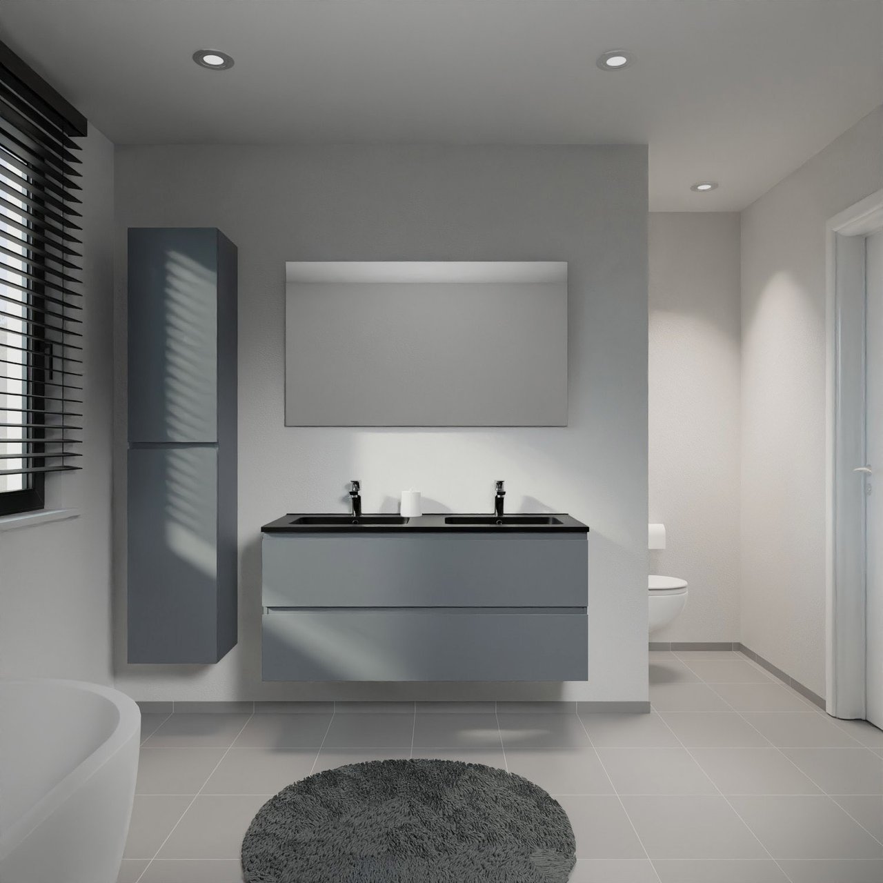 Linie Lado meuble salle de bains suspendu 120 x 46 cm bleu anthracite avec Vano double vasque en marbre composite noir mat