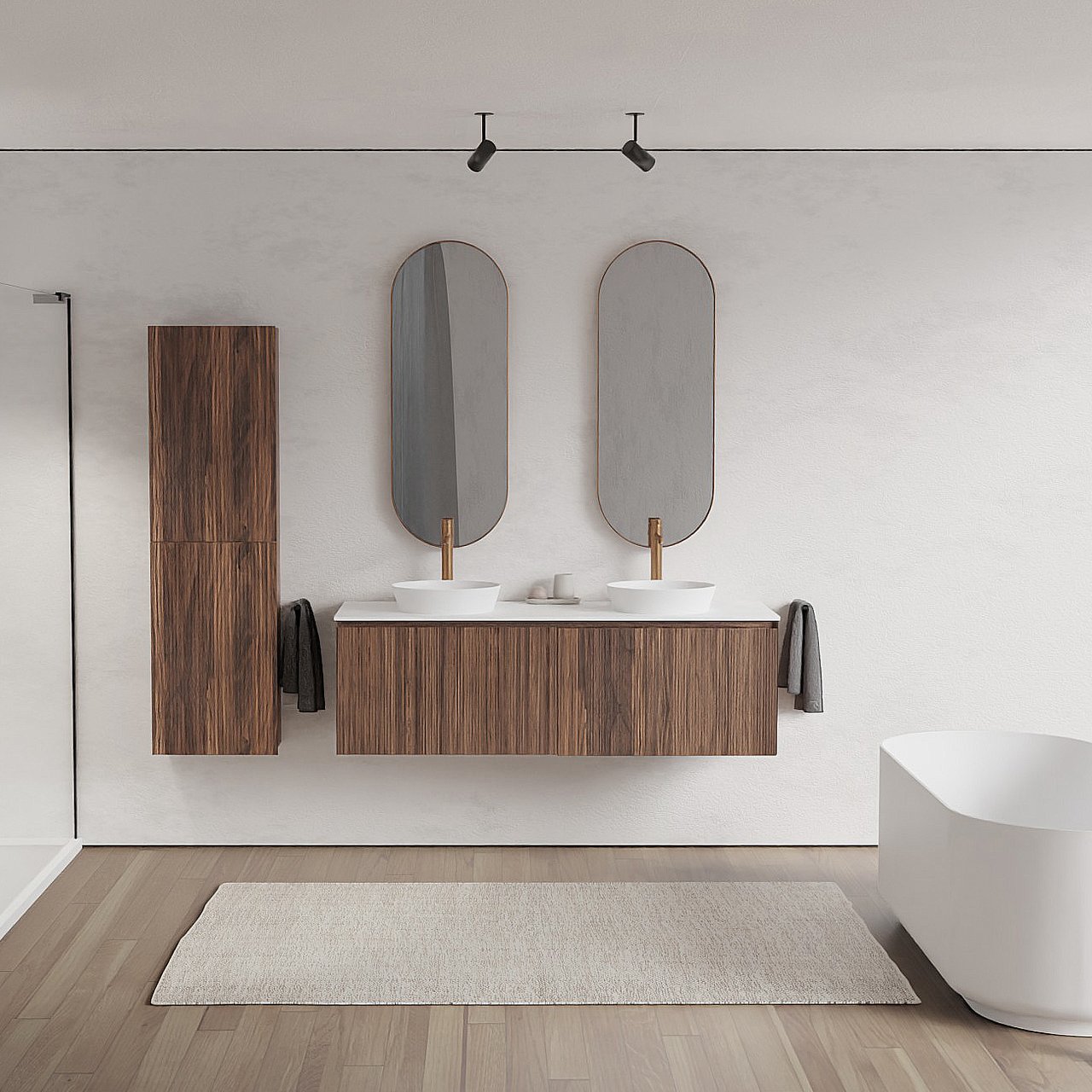 Balmani Fila meuble salle de bains suspendu 150 x 55 cm noyer avec Stretto tablette simple ou double en solid surface blanc mat, Nervure droite symétrique verticale