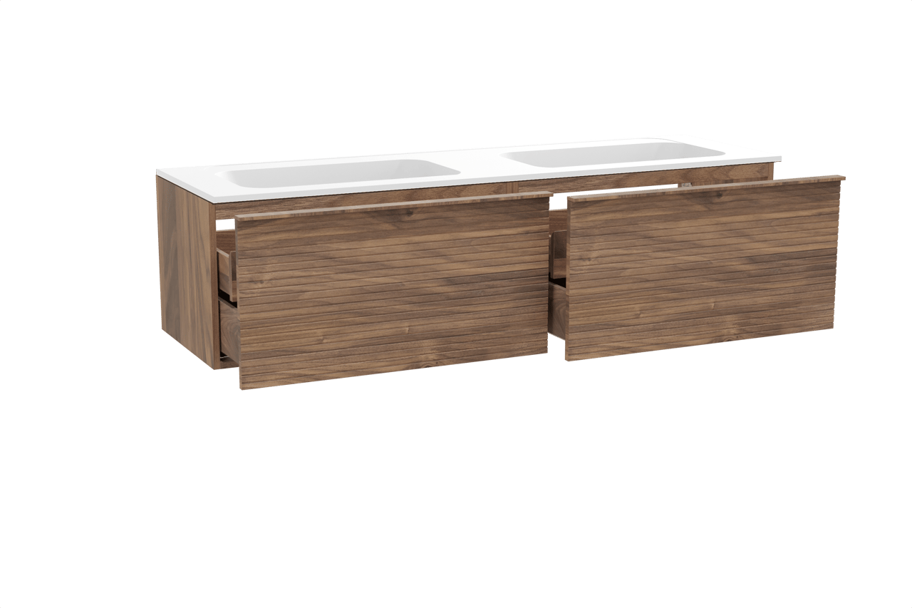 Balmani Forma hängendes Möbelstück Set: 180 x 55 cm, Amerikanischer Nussbaum, mit Tablo Strada Doppelwaschtisch, Marmorkomposit, Weiß matt, Horizontale symmetrische gerade Rippe