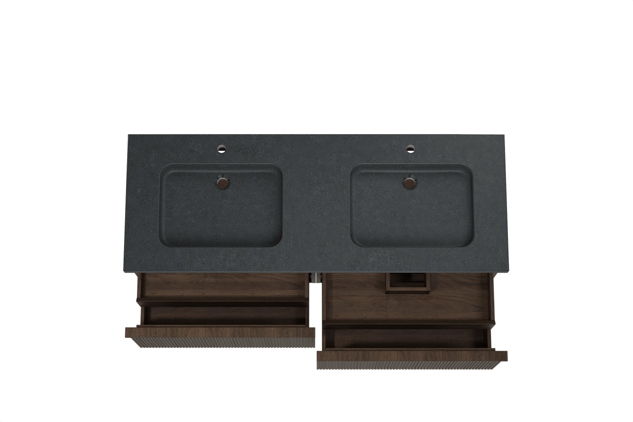 Balmani Forma zwevend badkamermeubel 150 x 55 cm gerookte eik met Napoli dubbele wastafel in graniet zwart, Verticale symmetrische rechte ribbel