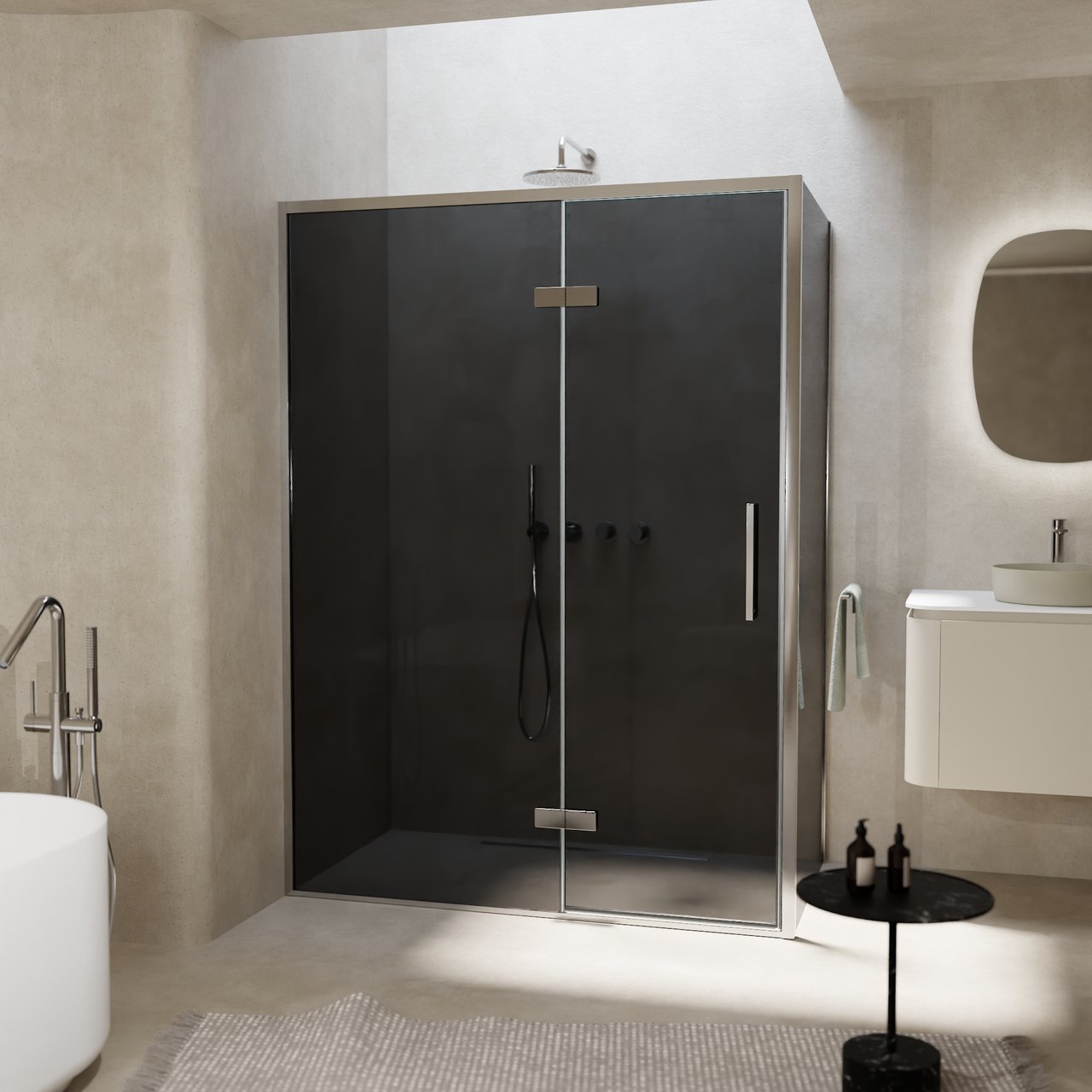 Balmani Senses Design Eckdusche: Drehtür (Links) mit fixierte Seitenwand, 140 x 80 cm, Rauchglas, Profil Chrom, inklusive Coating