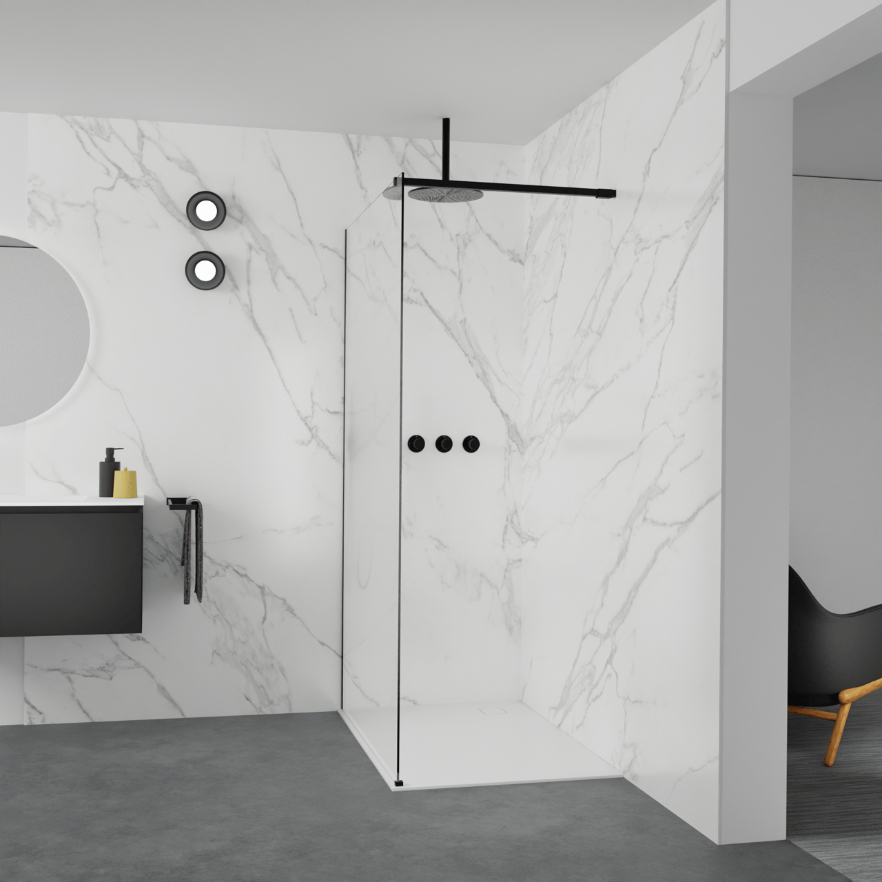 Balmani Modular Walk-In Dusche: 120 x 200 cm, Permafrost, inklusive Coating, Profil Schwarz matt
