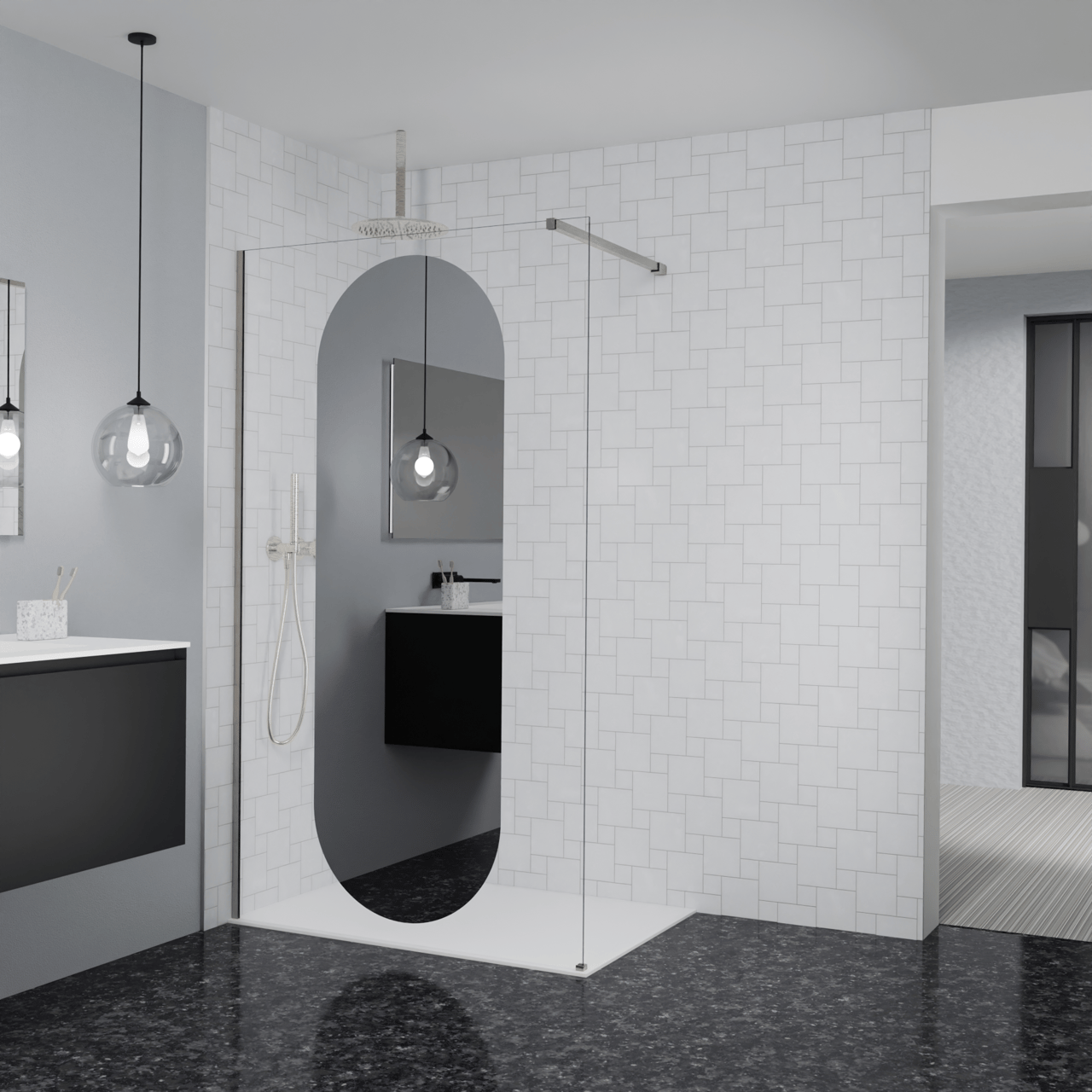 Balmani Modular Walk-In Dusche: 120 x 200 cm, Reflex-Spiegelglas Oval, Profil Brushed CoolMetal