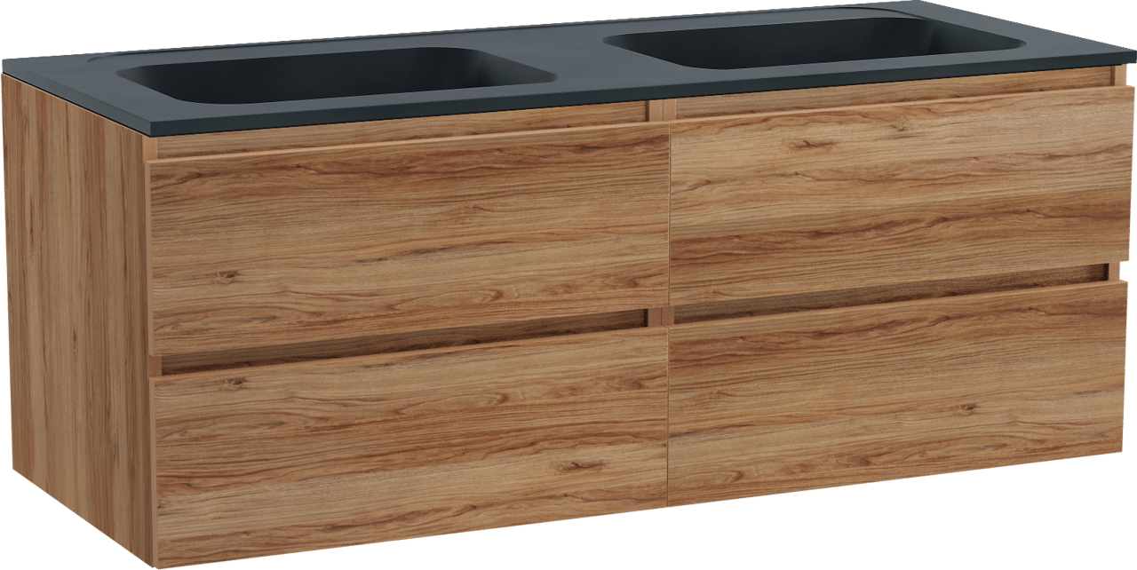 Balmani Lucida meuble salle de bains suspendu 135 x 55 cm teck avec Tablo Strada double vasque en marbre composite noir mat