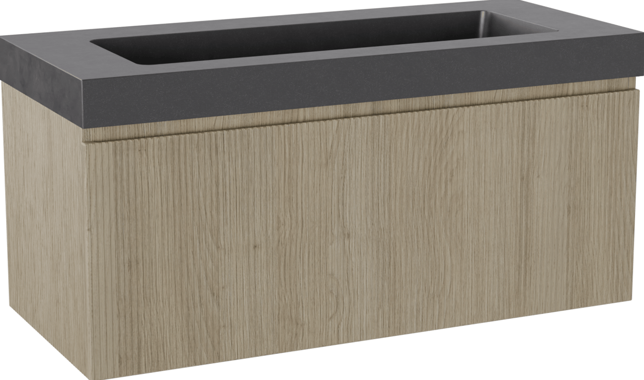 Storke Ribs meuble salle de bains suspendu 120 x 52 cm chêne brut avec Scuro High plan simple en quartz noir mat, Nervure droite symétrique verticale