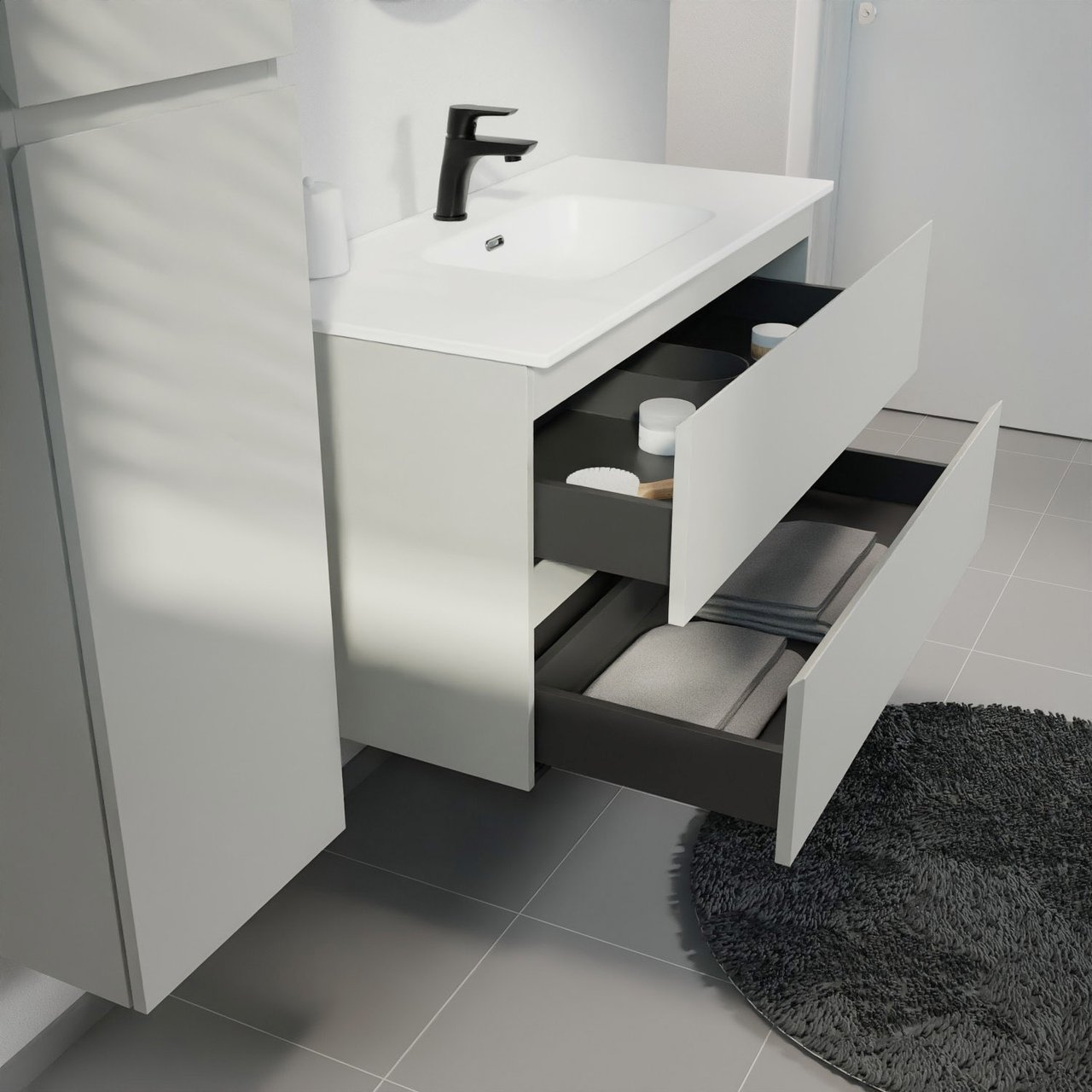 Linie Lado hängendes Möbelstück Set: 100 x 46 cm, Greige, mit Baro Einzelwaschtisch, Porzellan Weiß matt