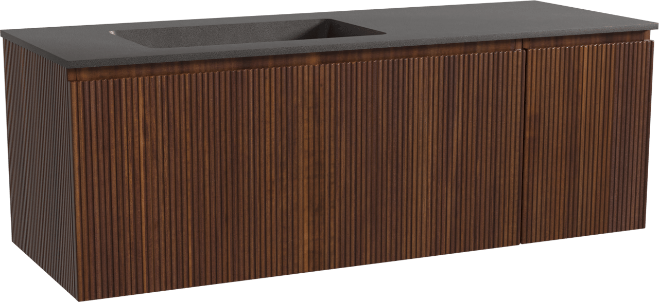 Storke Ribs zwevend badmeubel 140 x 52 cm notenhout met Scuro asymmetrisch linkse wastafel in kwarts mat zwart, Verticale symmetrische rechte ribbel