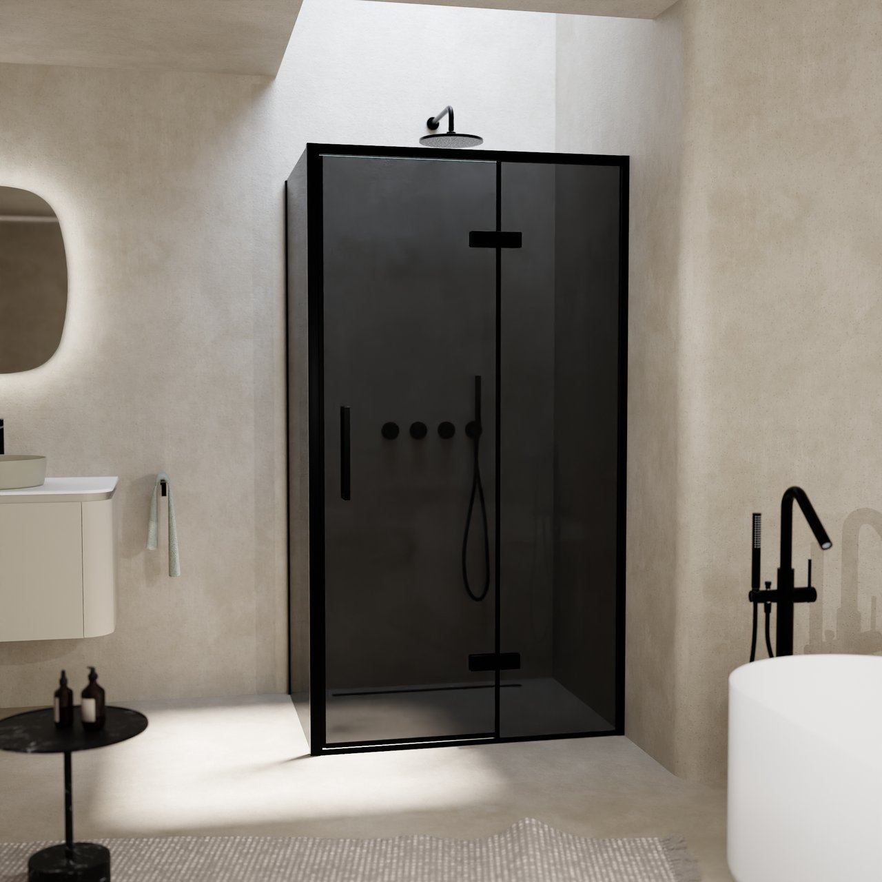 Balmani Senses Design douche en coin avec porte pivotante à droite et paroi latérale fixe, 100 x 90 cm, Verre fumé, Profil noir, coating inclus, coating inclus