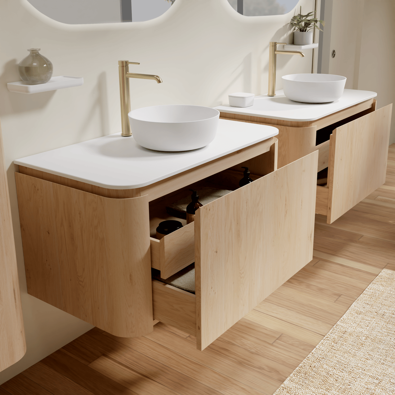 Balmani Moon zwevend badmeubel 100 x 55 cm naturel eiken met Moon enkel wastafelblad in solid surface mat wit