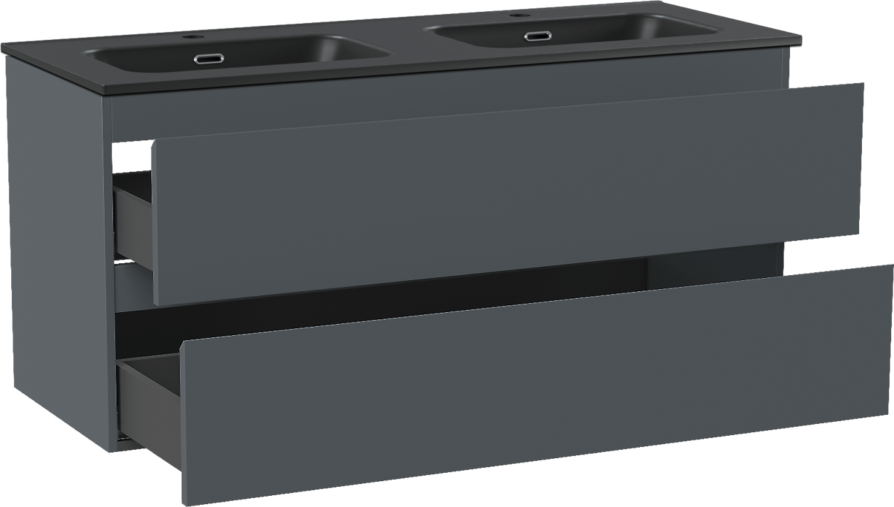Linie Lado meuble salle de bains suspendu 120 x 46 cm bleu anthracite avec Baro double vasque en porcelaine noir mat