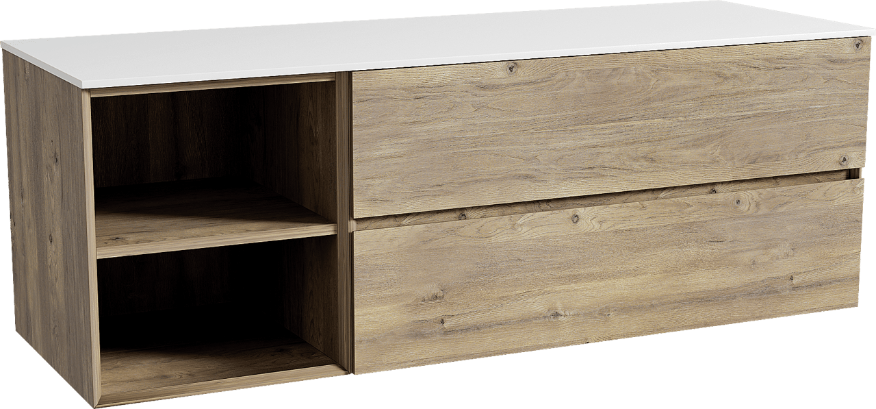 Storke Edge zwevend badmeubel 150 x 52 cm ruw eiken met Tavola enkel of dubbel wastafelblad in solid surface mat wit