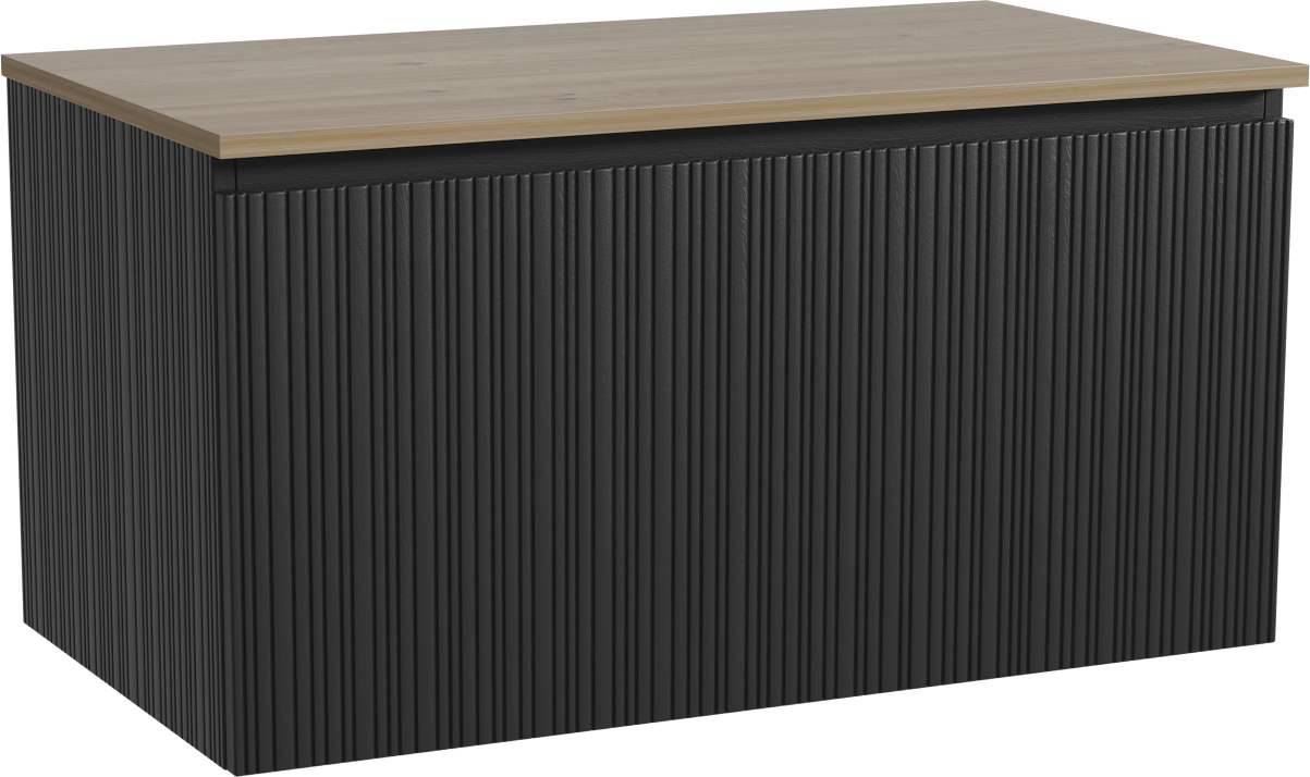 Storke Ribs zwevend badmeubel 95 x 52 cm zwart eiken met Panton enkel wastafelblad in melamine ruw eiken, Verticale asymmetrische rechte ribbel