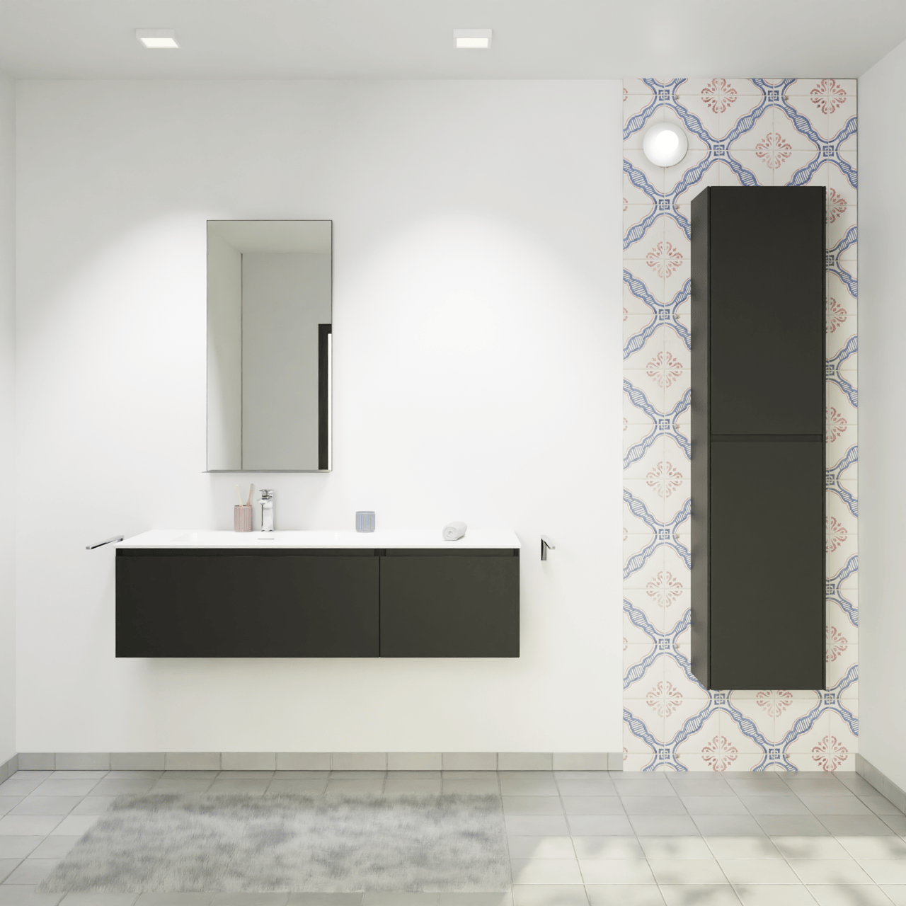 Storke Edge zwevend badmeubel 130 x 52 cm mat zwart met Mata asymmetrisch linkse wastafel in solid surface mat wit