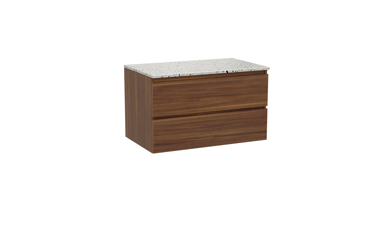 Balmani Lucida hängendes Möbelstück Set: 90 x 55 cm, Amerikanischer Nussbaum, mit Stretto Einzel Waschtischplatte, Terrazzo in Weiß/Schwarz matt