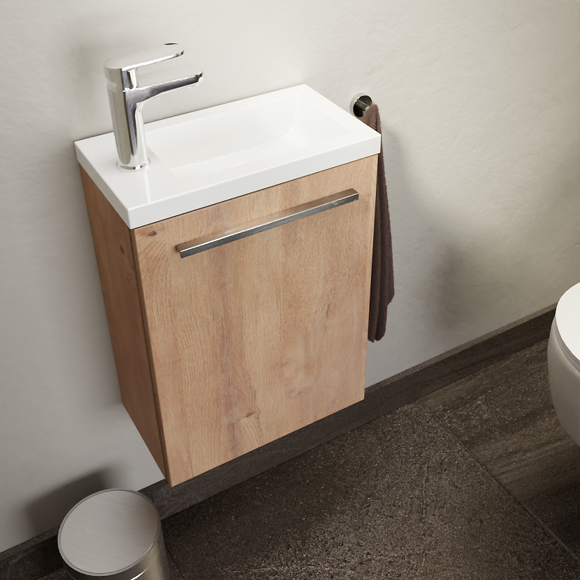 SanyOne Roxy zwevend toiletmeubel 40 x 22 cm natuur eik met Roxy wastafel in glanzend composiet marmer