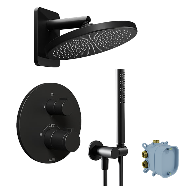 Blaufoss Smartbox Round colonne de douche encastrée robinet thermostatique avec douche de tête ronde 25 cm Noir Mat